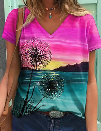 cheap Women&#039;s Tops-Women&#039;s T shirt Floral Theme 3D Printed Painting Scenery 3D Dandelion V Neck Print Basic Tops Green Blue Purple