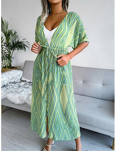 cheap Plus size-Women&#039;s Swimwear Cover Up Beach Top Plus Size Swimsuit Geometric Cross Green Blue Orange V Wire Bathing Suits Vacation Fashion New / Sexy / Modern