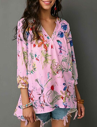 cheap Women&#039;s Tops-Women&#039;s Blouse Shirt Floral Theme Floral V Neck Button Print Casual Streetwear Tops Blue Purple Pink / 3D Print