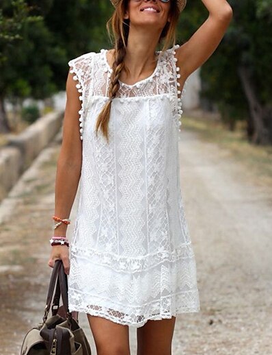 cheap Dresses-Women&#039;s Short Mini Dress Shift Dress White Sleeveless Lace Solid Color Round Neck Spring Summer Hot Casual 2022 S M L XL XXL