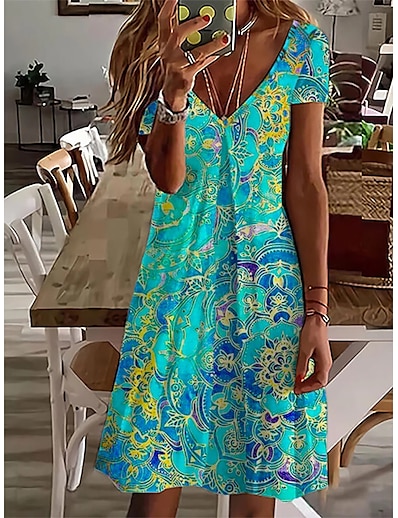 cheap Dresses-Women&#039;s Knee Length Dress Casual Dress Blue Short Sleeve Print Print Color Gradient V Neck Spring Summer Party Party Stylish Casual 2022 S M L XL XXL 3XL / 3D Print