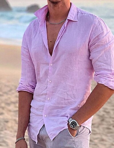 お買い得  男性-男性用 シャツ 純色 折襟 ストリート カジュアル 長袖 ボタンダウン トップの カジュアル ファッション 高通気性 快適 ピンク