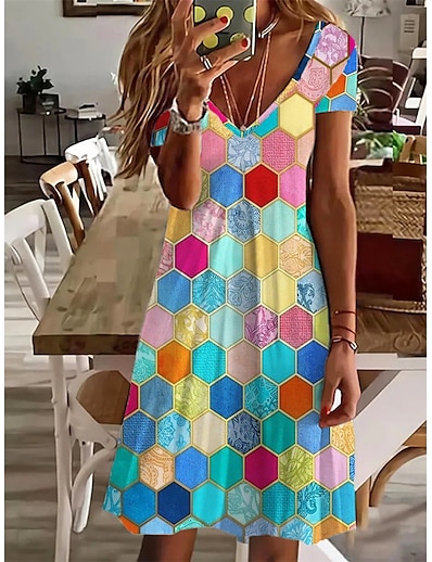 billige Kjoler-Dame Knelang kjole Kjole med A-linje Regnbue Kortermet Trykt mønster Geometrisk V-hals Vår Sommer Grunnleggende 2022 S M L XL XXL 3XL / 3D-utskrift