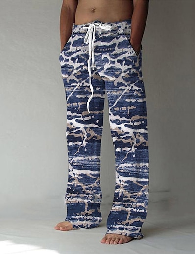 cheap Men&#039;s Bottoms-Men&#039;s Fashion Streetwear 3D Print Elastic Drawstring Design Front Pocket Straight Baggy Beach Pants Pants Casual Daily Abstract Graphic Prints Mid Waist Comfort Soft Blue S M L XL XXL