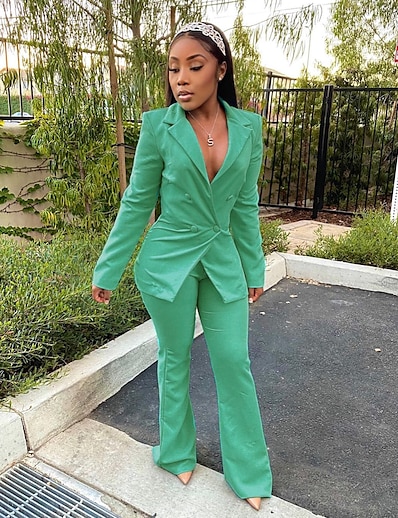 cheap Two Piece Set-Women&#039;s Basic Solid Color Wear to work Office Two Piece Set Shirt Collar Wide leg pants Bell bottoms Blazer Office Suit Pants Sets Tops