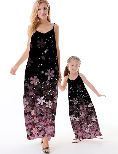 ieftine Family Matching Outfits-Mama și cu mine Rochii Casual Floral Fără Spate Mov Maxi Fără manșon Tipărire 3D Rochie cu Bretele Activ Tinute potrivite / Primăvară / Vară / Vacanță / Imprimeu