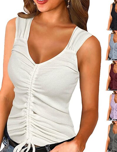 cheap Women&#039;s Clothing-Women&#039;s threaded drawstring slim tank top t-shirt solid color tanks