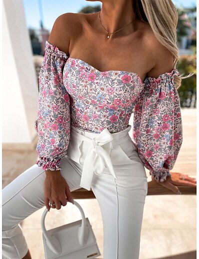 cheap Women&#039;s Tops-Women&#039;s Blouse Shirt Floral Floral Off Shoulder Patchwork Print Casual Tops Green White Black
