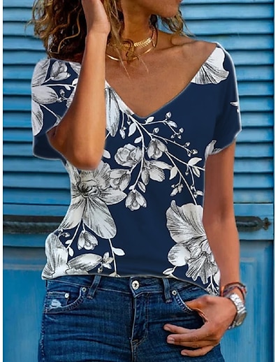 cheap Women&#039;s Tops-Women&#039;s T shirt Flower V Neck Print Basic Tops Royal Blue / 3D Print