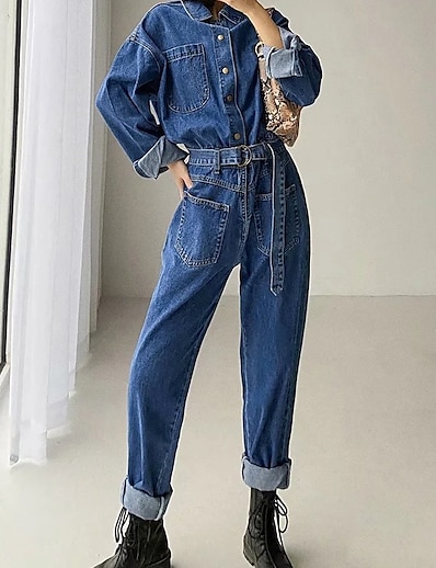 cheap Jumpsuits &amp; Rompers-Women&#039;s Overall Solid Color Pocket Casual Shirt Collar Cargo Pants Street Casual Long Sleeve Regular Fit Navy Blue Light Blue S M L Spring