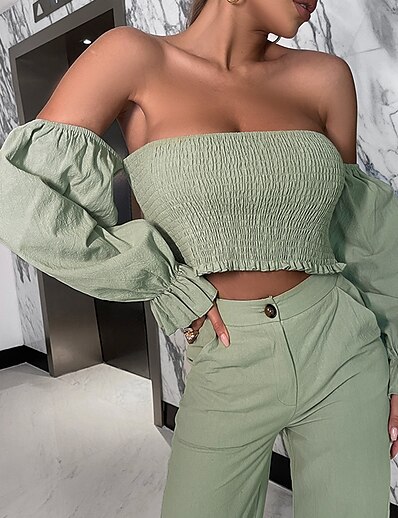 cheap Two Piece Set-Women&#039;s Sexy Plain Casual Holiday Two Piece Set Off Shoulder Pant Wide leg pants Bell bottoms Tube Top Crop Top Pants Sets Tops