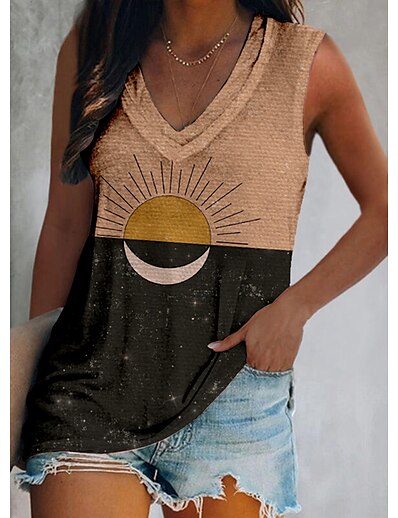 cheap Women&#039;s Tops-Women&#039;s Tank Top Vest Color Block Moon Sun V Neck Print Casual Streetwear Tops Gray Purple Brown / 3D Print
