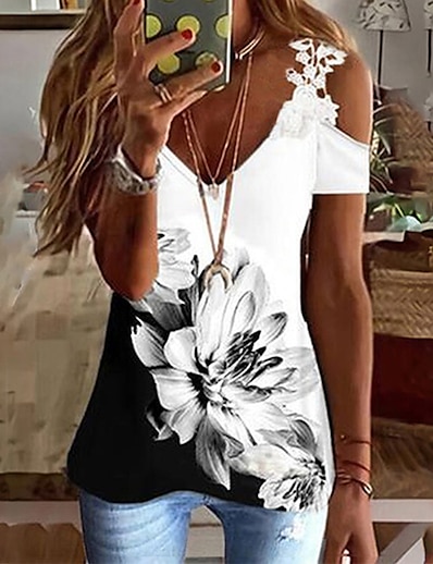 hesapli KADIN-Kadın&#039;s T gömlek Çiçek Teması Resim Kuş tüyü V Yaka Dantel Soğuk omuz Desen Temel Üstler Havuz Beyaz Siyah / 3D Baskı