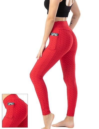 cheap Sports &amp; Outdoors-Women&#039;s Yoga Pants High Waist Tights Leggings Bottoms with Phone Pocket Jacquard Tummy Control Butt Lift Breathable Rust Red White Black Yoga Fitness Gym Workout Winter Sports Activewear High