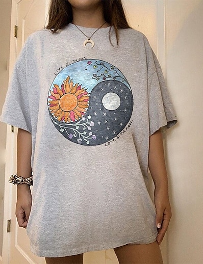 cheap Women&#039;s Tops-Women&#039;s T shirt Painting Floral Cartoon Graphic Round Neck Print Ethnic Vintage Chinoiserie Tops Loose Light gray / 3D Print
