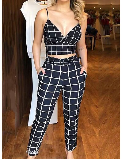 cheap Two Piece Set-Women&#039;s Streetwear Plaid Holiday Vacation Two Piece Set Strap Pant Crop Top Tank Top Pants Sets Print Tops