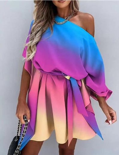 cheap Dresses-Women&#039;s Short Mini Dress A Line Dress Rainbow Half Sleeve Lace up Print Rainbow Color Gradient Boat Neck Spring Summer Stylish Elegant 2022 Loose S M L XL