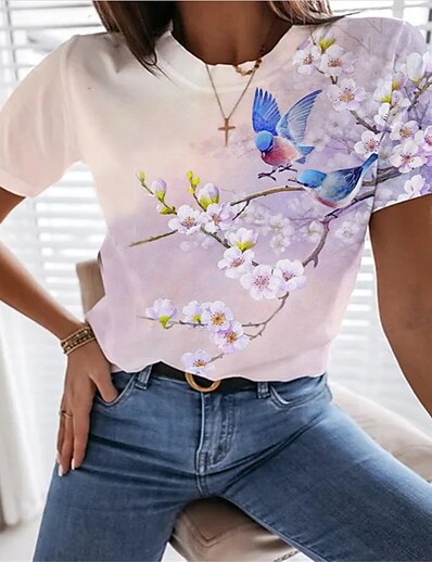 cheap Tees &amp; T Shirts-Women&#039;s Casual Daily T shirt Tee Short Sleeve Floral Bird Round Neck Patchwork Print Basic Tops Rainbow S / 3D Print