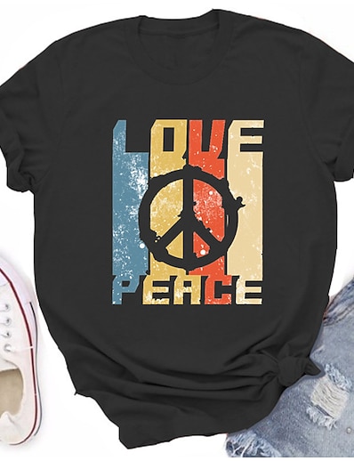 cheap Women&#039;s Tops-Women&#039;s Casual Weekend T shirt Tee Painting Short Sleeve Graphic Peace &amp; Love Round Neck Print Basic Tops White Black Gray S