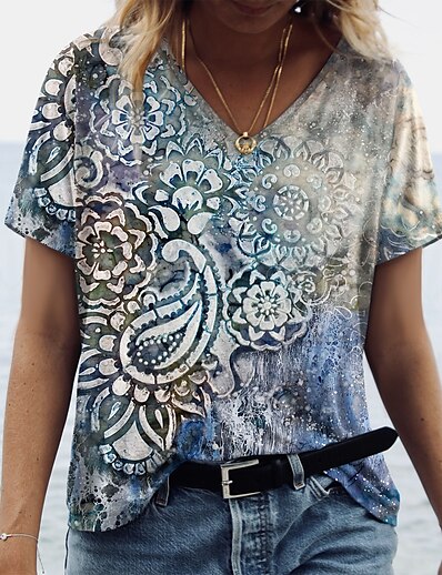 cheap Women&#039;s Tops-Women&#039;s T shirt Floral Theme Painting Floral V Neck Print Basic Tops Light Blue / 3D Print