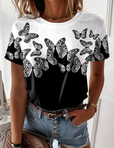 cheap Women&#039;s Tops-Women&#039;s Casual Weekend T shirt Tee Butterfly Painting Short Sleeve Butterfly Color Block Round Neck Print Basic Tops Black Gray Purple S / 3D Print