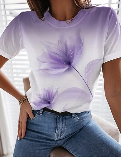 cheap Women&#039;s Tops-Women&#039;s T shirt Floral Theme Painting Floral Round Neck Print Basic Tops Green Blue Purple / 3D Print
