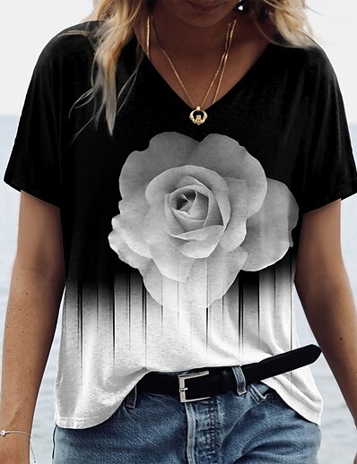 cheap Women&#039;s Tops-Women&#039;s T shirt Floral Theme Painting Rose V Neck Print Basic Tops Black / 3D Print