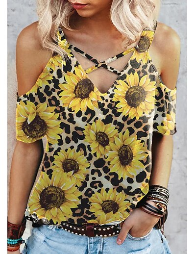 cheap Women&#039;s Tops-Women&#039;s T shirt Floral Theme Painting Floral Sunflower V Neck Cut Out Print Basic Tops Black Yellow / 3D Print