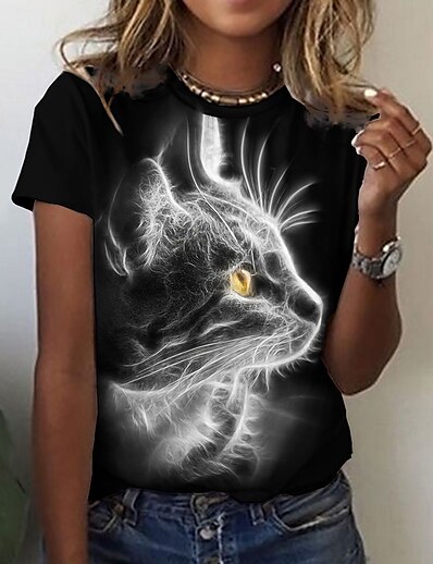 cheap Women&#039;s Tops-Women&#039;s T shirt 3D Cat Painting Cat 3D Round Neck Print Basic Tops Black / 3D Print