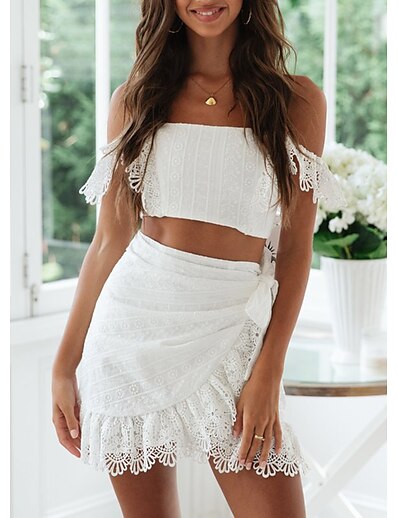 cheap Two Piece Set-Women&#039;s Sexy Plain Casual Vacation Two Piece Set Off Shoulder Skirt Mini Skirt Tube Top Skirt Sets Lace up Ruffle Lace Tops