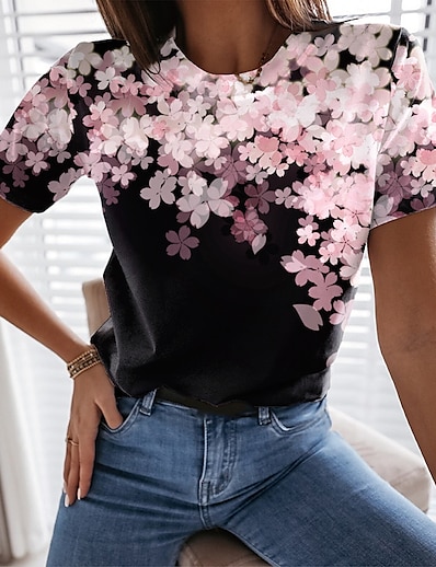 저렴한 여성 상의-여성용 T 셔츠 꽃 테마 페인팅 플로럴 라운드 넥 프린트 베이직 탑스 클로버 푸른 퍼플 / 3D 인쇄