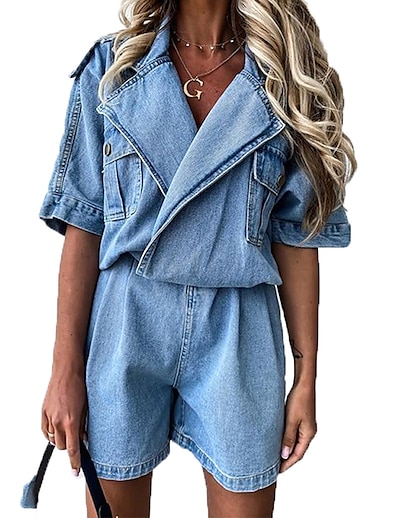 cheap Jumpsuits &amp; Rompers-Women&#039;s Romper Solid Color Pocket Casual Shirt Collar Street Casual Short Sleeve Regular Fit Blue S M L Spring