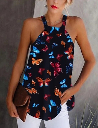 cheap Women&#039;s Tops-Women&#039;s Tank Top Vest Butterfly Butterfly Round Neck Print Casual Streetwear Tops White Black Purple / 3D Print