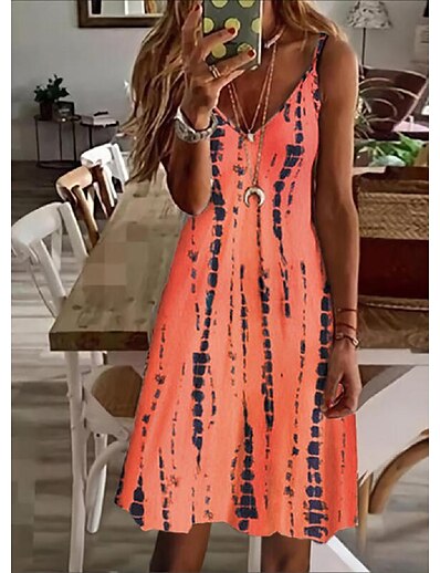 cheap Women-Women&#039;s Knee Length Dress Strap Dress Orange Sleeveless Print Striped Tie Dye V Neck Spring Summer Party Party Stylish Casual 2022 S M L XL XXL 3XL / 3D Print