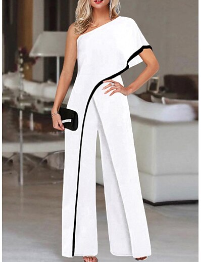 cheap Jumpsuits &amp; Rompers-Women&#039;s Jumpsuit Print Patchwork Elegant One Shoulder Straight Daily Vacation Short Sleeve Regular Fit White Khaki Beige S M L Spring