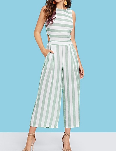 cheap Jumpsuits &amp; Rompers-Women&#039;s Jumpsuit Striped Backless High Waist Casual Daily Crew Neck Wide Leg Daily Vacation Sleeveless Bodycon Sleeveless Light Green One-Size Summer