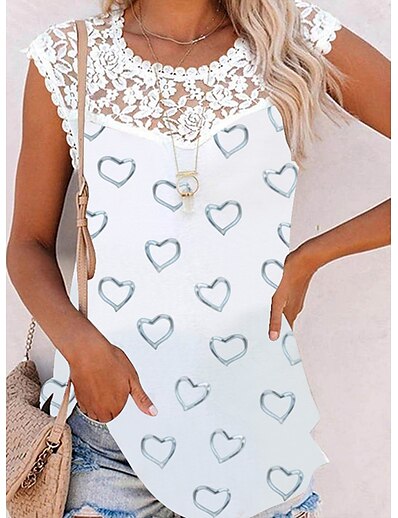 cheap Blouses &amp; Shirts-Women&#039;s Blouse Tank Top Floral Theme Butterfly Butterfly Heart Round Neck Lace Patchwork Print Casual Streetwear Tops Green White Purple / 3D Print