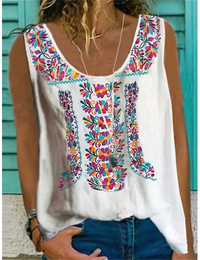 cheap Blouses &amp; Shirts-Women&#039;s Tank Top Camis Boho Floral Round Neck Patchwork Print Ethnic Casual Tops Loose White / 3D Print