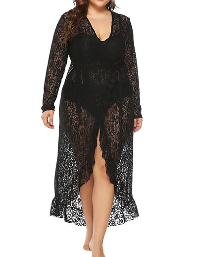 cheap Plus size-Women&#039;s Swimwear Cover Up Beach Dress Plus Size Swimsuit Pure Color Lace for Big Busts Black V Wire Bathing Suits Vacation Fashion New / Sexy / Modern