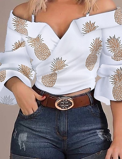 cheap Women&#039;s Tops-Women&#039;s Blouse Shirt Floral Theme Striped Fruit V Neck Print Casual Streetwear Tops White Black Navy Blue