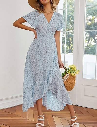 cheap Dresses-Women&#039;s Midi Dress A Line Dress Pink Light Blue Short Sleeve Print Floral V Neck Summer Elegant Boho 2022 S M L XL