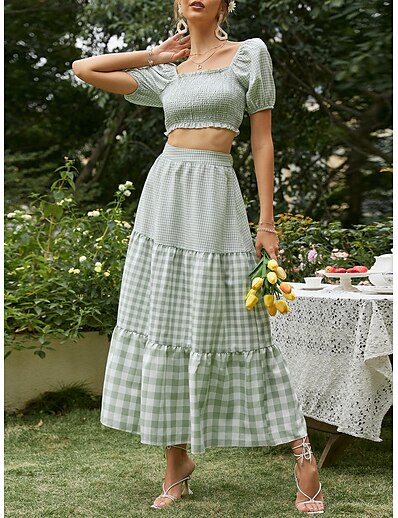 cheap Two Piece Set-Women&#039;s Streetwear Plaid Holiday Vacation Two Piece Set Square Neck Skirt Dress Crop Top Blouse Skirt Sets Ruffle Patchwork Print Tops