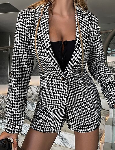 cheap Two Piece Set-Women&#039;s Streetwear Houndstooth Daily Wear Office Two Piece Set Shirt Collar Shorts Blazer Office Suit Shorts Sets Tops
