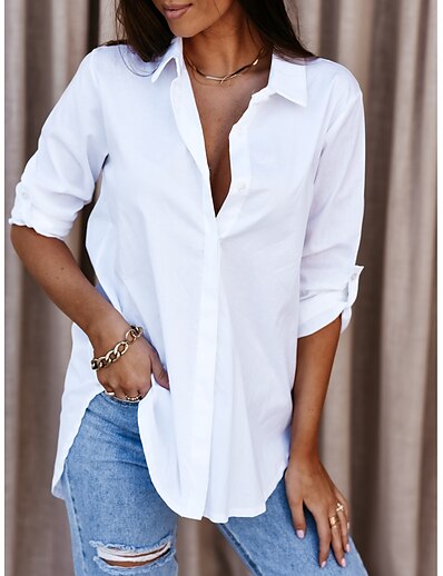 cheap Women&#039;s Tops-Women&#039;s Blouse Shirt Plain Solid Color Shirt Collar Button Basic Casual Streetwear Tops White Black Pink