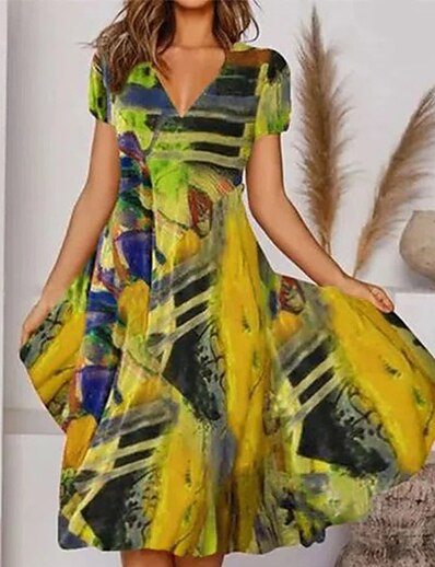 halpa Naisten mekot-Naisten Midimekko A linjainen mekko Purppura Oranssi Keltainen Lyhythihainen Painettu Painettu V kaula-aukko Kevät Kesä Vapaa-aika Moderni 2022 S M L XL XXL 3XL