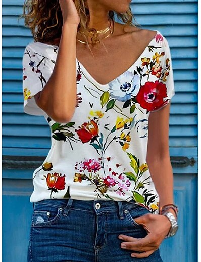 cheap Women&#039;s Tops-Women&#039;s T shirt Flower V Neck Print Basic Tops White / 3D Print