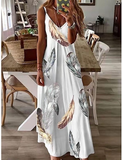 povoljno Ženska odjeća-ženska haljina u boji s geometrijskim printom s dugim naramenicama
