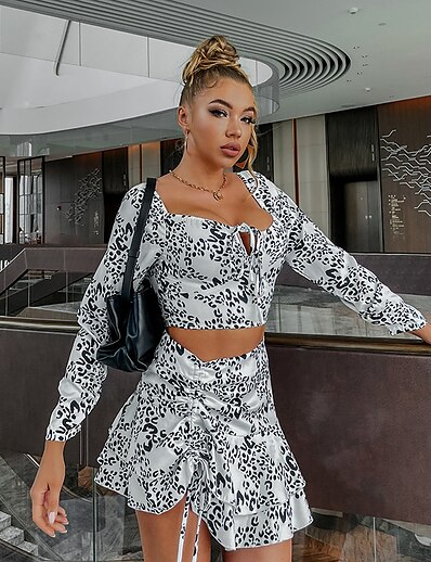cheap Two Piece Set-Women&#039;s Streetwear Leopard Casual Daily Wear Two Piece Set Square Neck Skirt Dress Crop Top Blouse Skirt Sets Ruched Lace up Ruffle Tops
