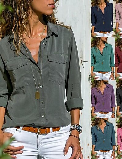 cheap Women&#039;s Clothing-women&#039;s shirts lapel long-sleeved shirts women&#039;s clothing solid color pockets blouse