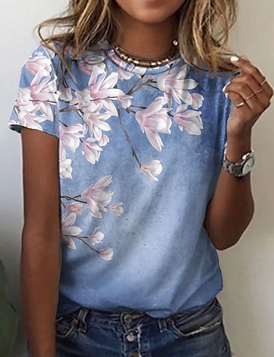 cheap Women&#039;s Tops-Women&#039;s Casual Holiday Weekend T shirt Tee Floral Painting Short Sleeve Floral Round Neck Print Basic Tops Green Blue Pink S / 3D Print